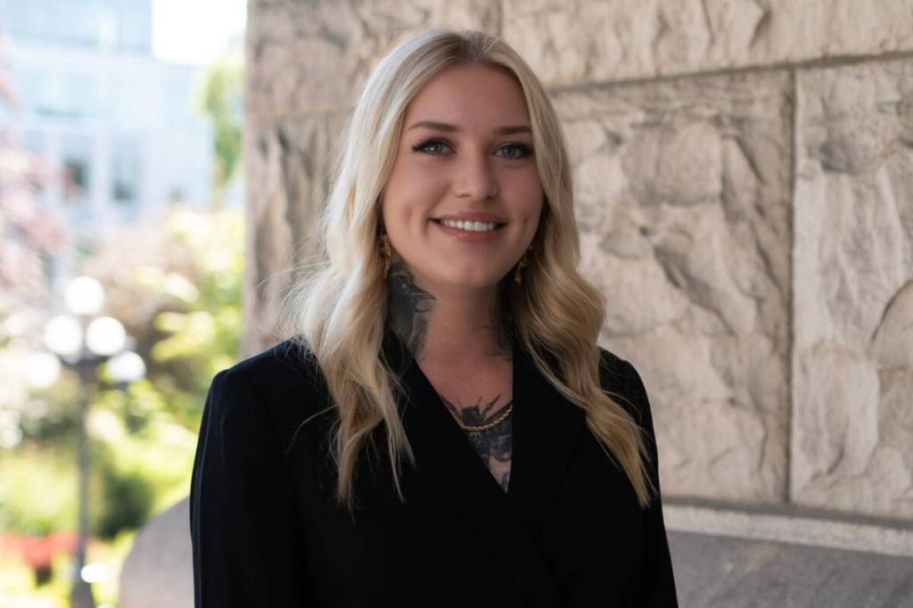 Skeena MLA Claire Rattée, pictured here outside the B.C. Legislature, Claire Rattée says the shift to witnessed dosing proves the NDP&rsquo;s safer supply policy was reckless and should be scrapped entirely in favour of treatment-focused approaches. (File photo)