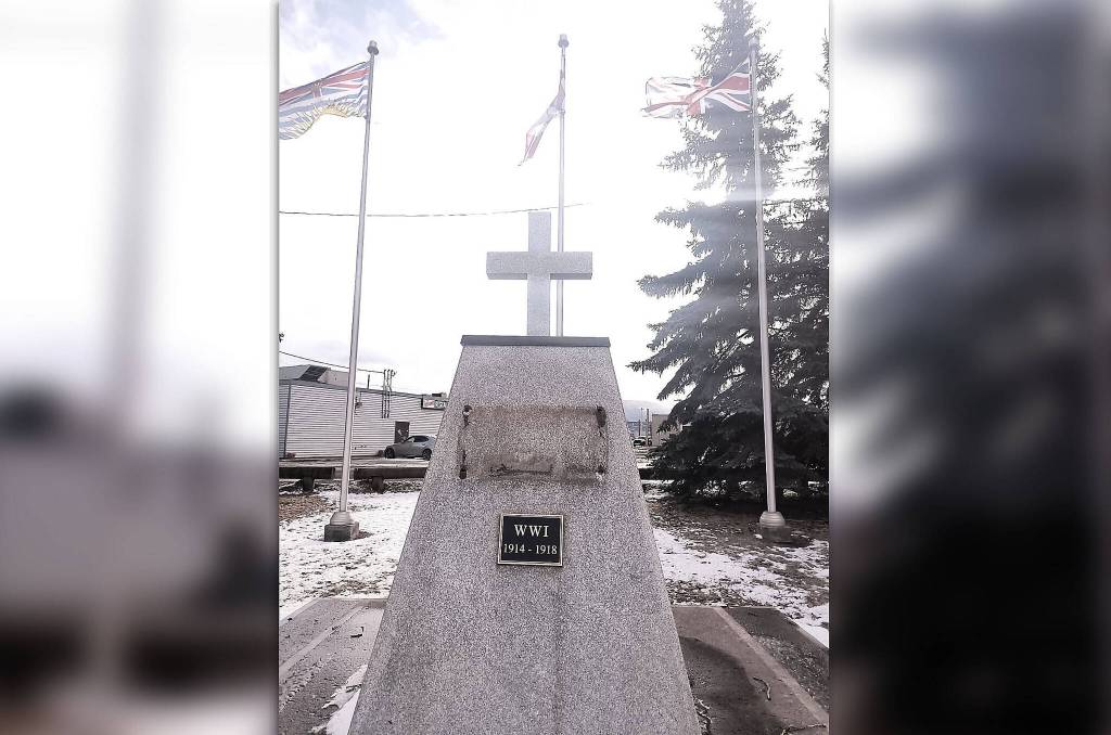 A plaque has gone missing from the cenotaph in Steelhead Park. (Angelique Houlihan/Houston Today)